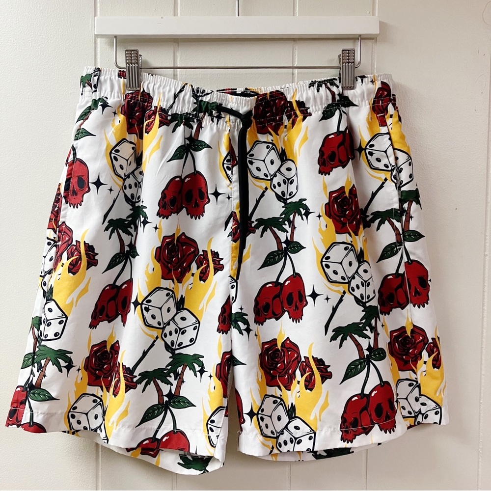 WXYZ MFG. CO Mens Swim Trunks Shorts Skull Dice Roses Flames Palm Trees SZ Large